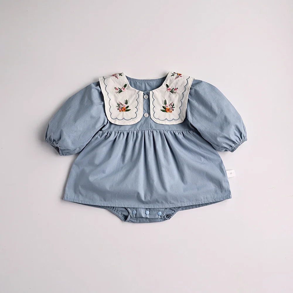 Solid Pleated Baby Bodysuit Toddler Girls Princess Clothes embroidery Big Collar Infant Clothing-Dollar Bargains Online Shopping Australia