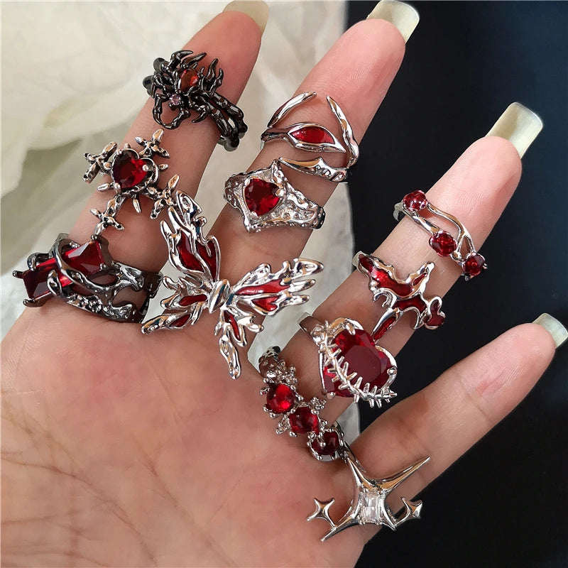 Irregular Red Crystal Glass Heart Aesthetic Rings For Women Y2K Gothic Animal Spider Ring Creative Grunge Jewelry Accessories