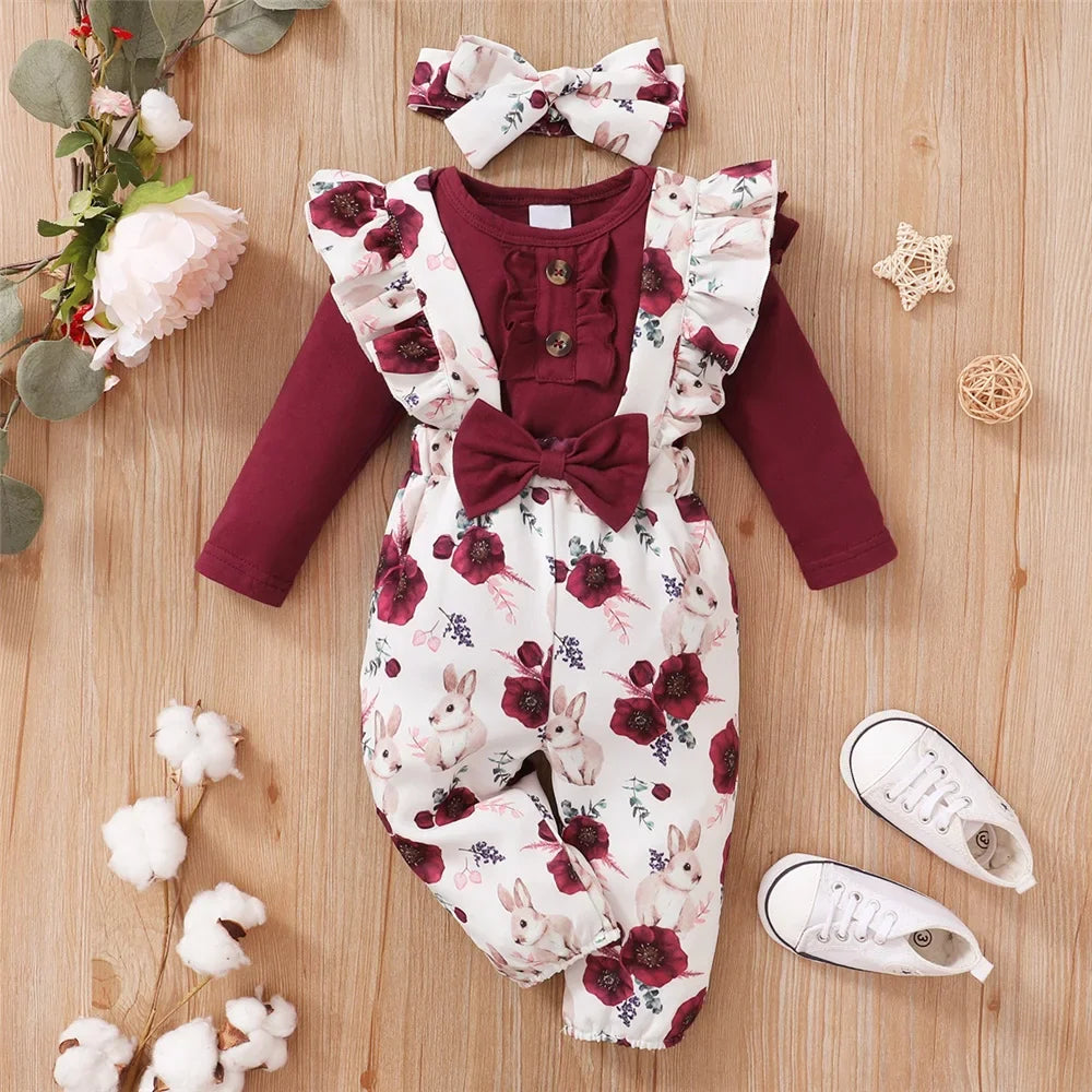Baby Girl Clothes Set Red Color Long Sleevs Bodysuit + Flower Strap Pants 2PCS Infant Girl New Years Clothing Suit-Dollar Bargains Online Shopping Australia