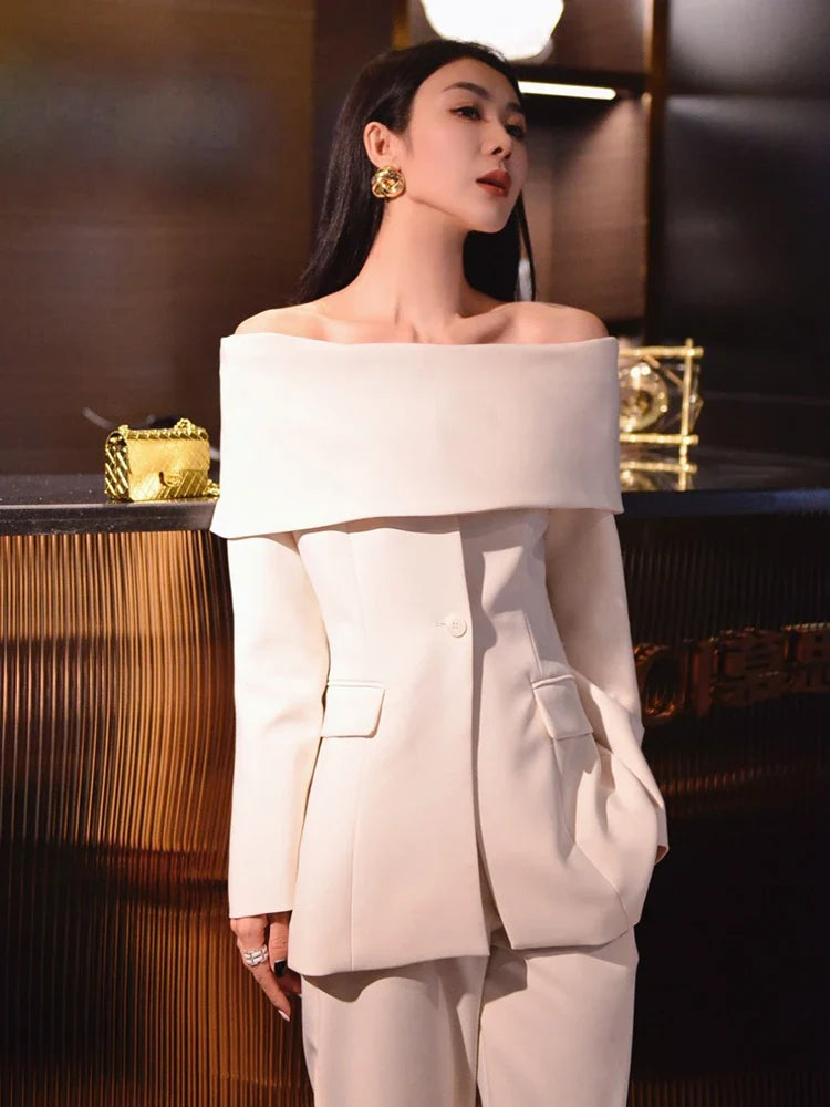 Slash Neck Chic Blazers Women Off Shoulder Long Sleeve Patchwork Single Button Solid Coat-Dollar Bargains Online Shopping Australia