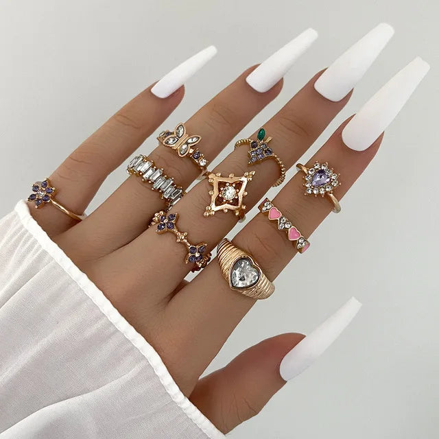 Pink Acrylic Butterfly Knuckle Ring Set For Women Crystal Enamel Mushroom Yin Yang Flower Rings Girls Fashion Jewelry-Dollar Bargains Online Shopping Australia