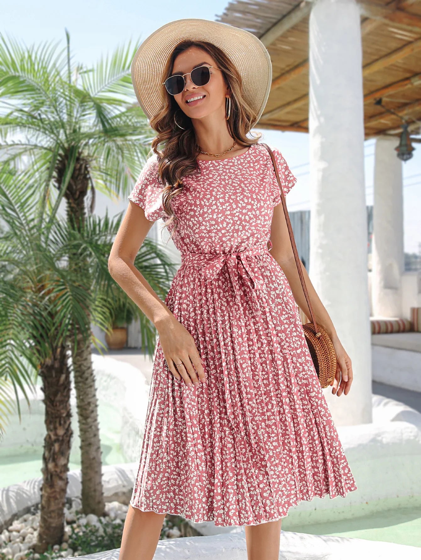 Fashion Floral Pleated A Line Long Dress Women Spring Summer Short Sleeve High Waist Chic Dress-Dollar Bargains Online Shopping Australia