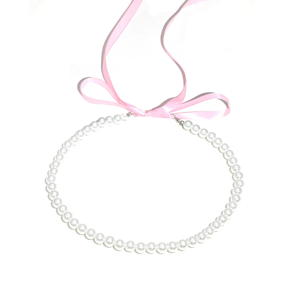 Punk Long Wide Black Velvet Ribbon Choker Bow Tie Simulated Pearl Beads Charm Collar Necklace Gothic Jewelry New Year Gifts-Dollar Bargains Online Shopping Australia