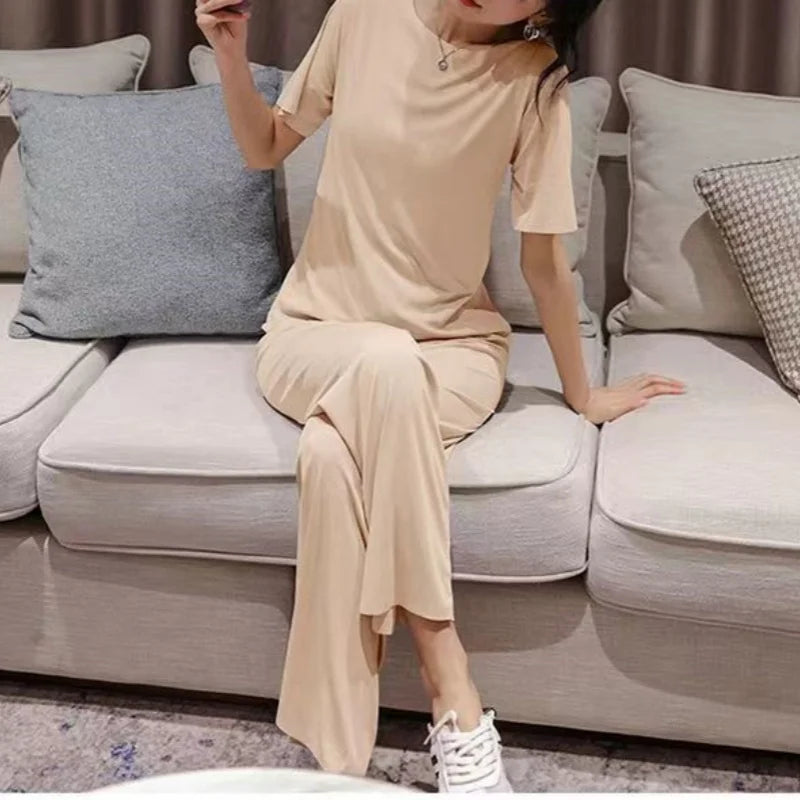 Pyjamas Ice Silk O Neck Thin Top With Elastic Waist Wide Leg Shorts And Long Pants Three Piece Set Sweet Casual Home Wear-Dollar Bargains Online Shopping Australia