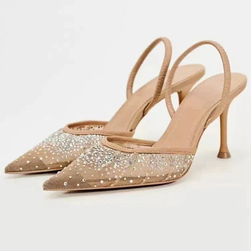 Glitter Rhinestone Pointed Slippers Women High Heel Summer Flip Flops Female Designer Sandals Breathable Mesh Mule Pumps Women-Dollar Bargains Online Shopping Australia
