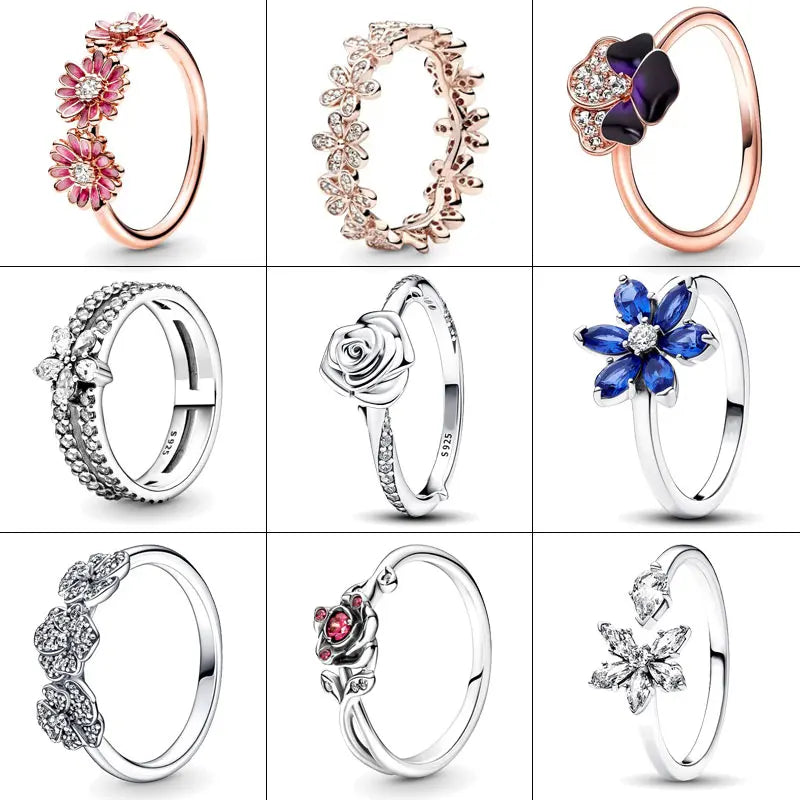 925 Silver Ring Rose in Bloom Ring Pink Daisy Flower Ring Blue Herbarium Cluster Ring Ring Women Gift Fine Jewelry DIY