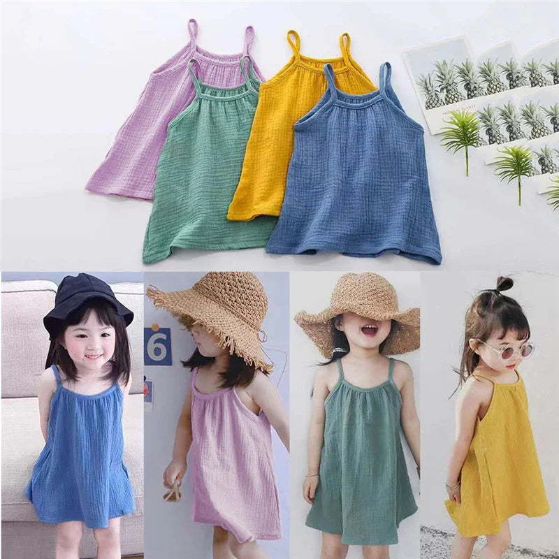 Summer Cute Girls Muslin Slip Dress Princess Kids Sleeveless Linen Cotton Baby Girls Clothing for Beach Girls Costumes