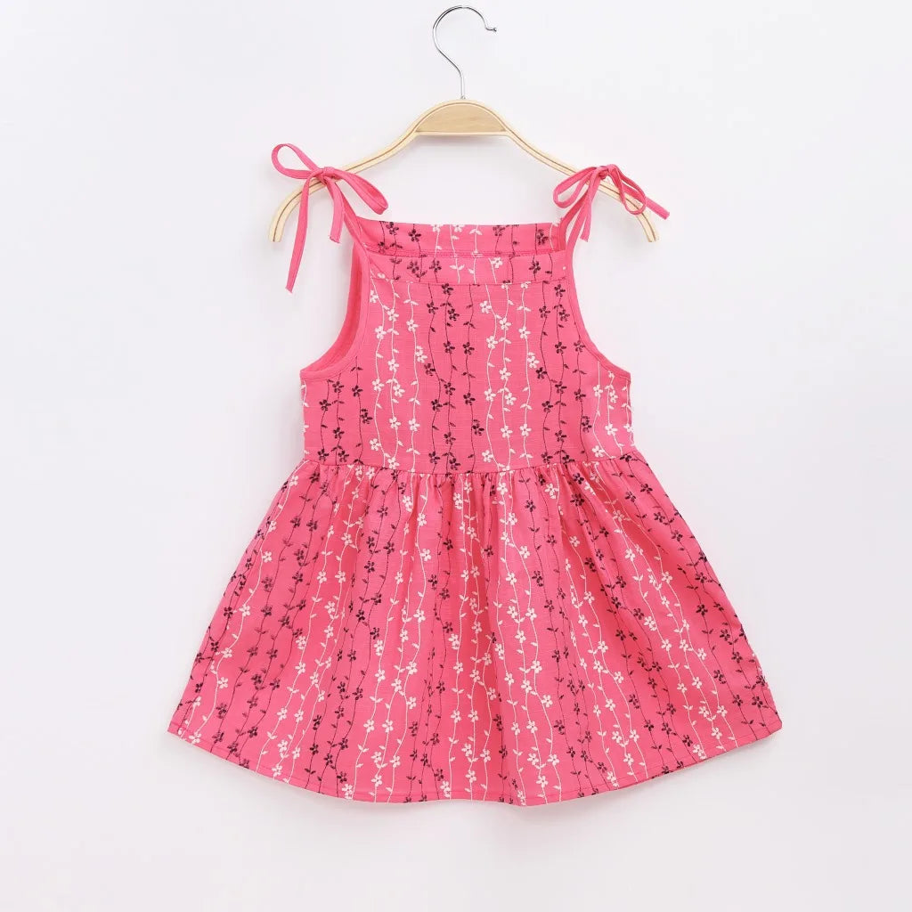 Girls Strappy Dress Kids Pink Sleeveless Printed Dress Baby Cotton And Linen Casual Princess Dress-Dollar Bargains Online Shopping Australia