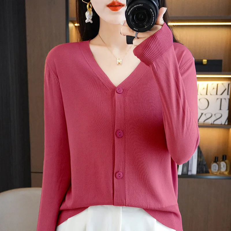 Thin Solid V-Neck Ice Silk Knitted Long Sleeve Cardigan Fashion V-Neck Top for Women-Dollar Bargains Online Shopping Australia