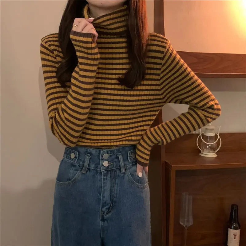 Women's Striped Turtleneck Sweater Autumn and Winter Knit Sweater-Dollar Bargains Online Shopping Australia