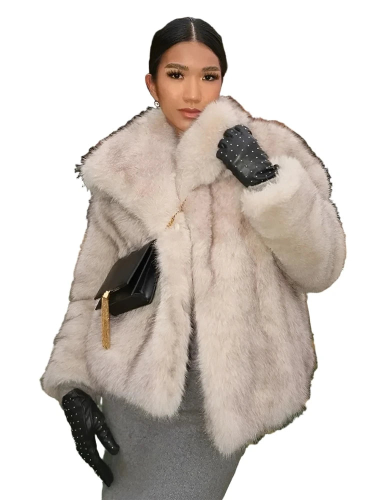 Luxury Fluffy Faux Fur Women Jacket Winter Long Sleeve Shaggy Overcoats Thick Warm Fox Fur Coat Female Street Outerwear