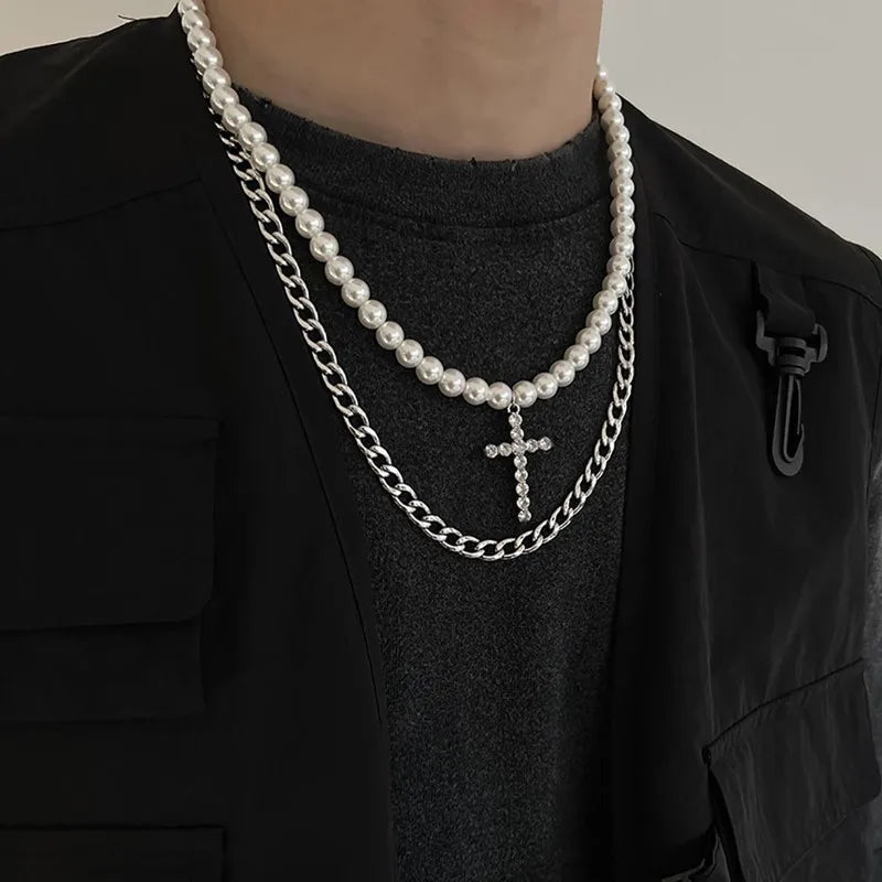 Trendy Punk Imitation Pearl Bead Chain Spikes/Cross Pendant Necklace Men Hiphop Layered  Choker Set Fashion Jewelry