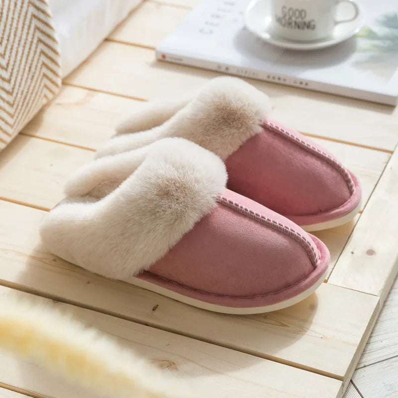 WinterFur Slippers Women Luxury Faux Suede Plush Couple Cotton Shoes Indoor Bedroom Flat Heels Fluffy Slippers-Dollar Bargains Online Shopping Australia