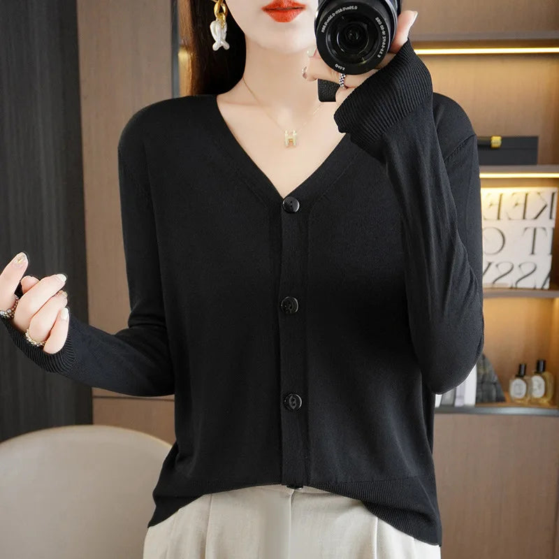 Thin Solid V-Neck Ice Silk Knitted Long Sleeve Cardigan Fashion V-Neck Top for Women-Dollar Bargains Online Shopping Australia