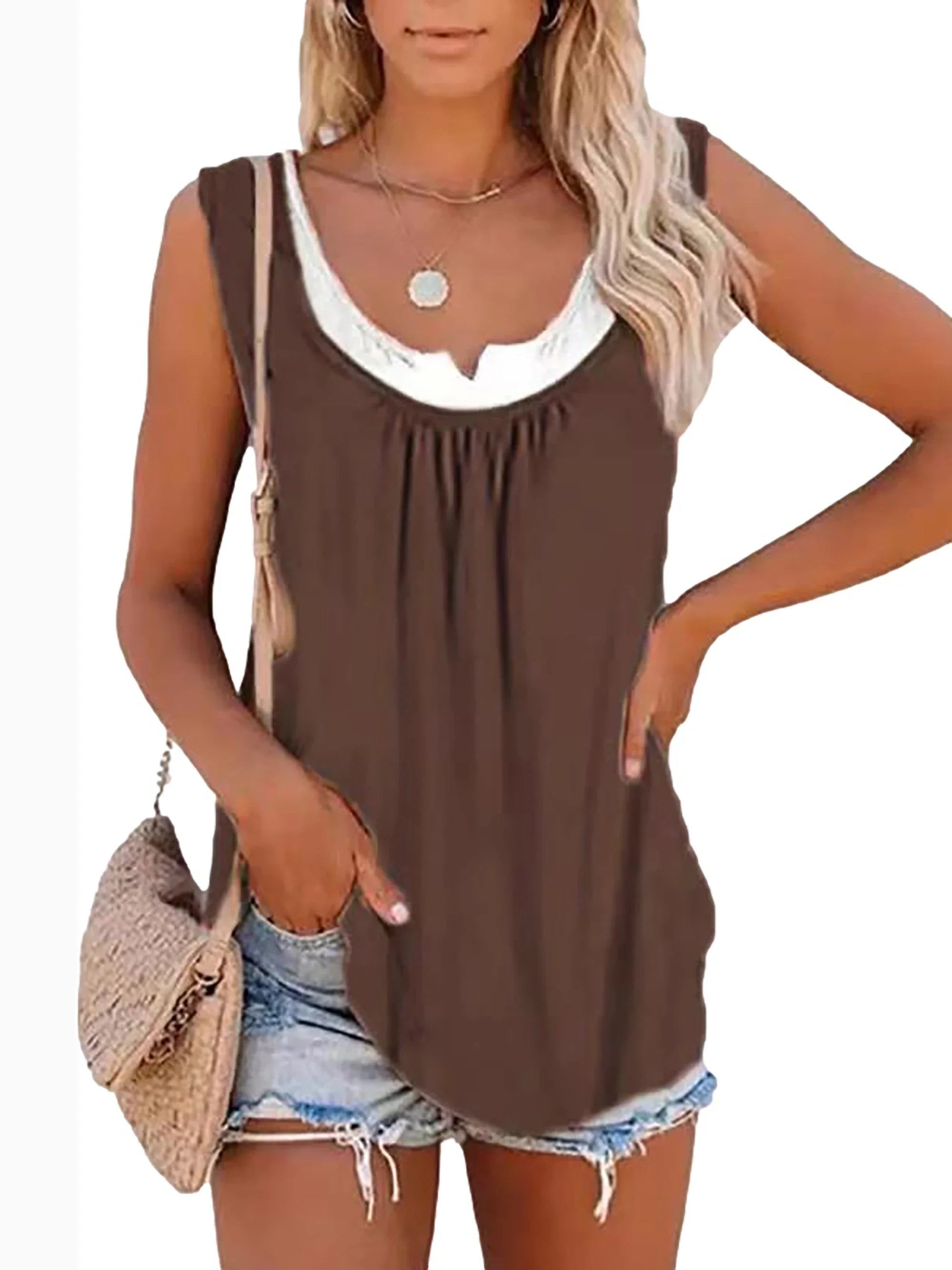 Womens blouse solid color patchwork sleeveless pleated vest T-shirt-Dollar Bargains Online Shopping Australia