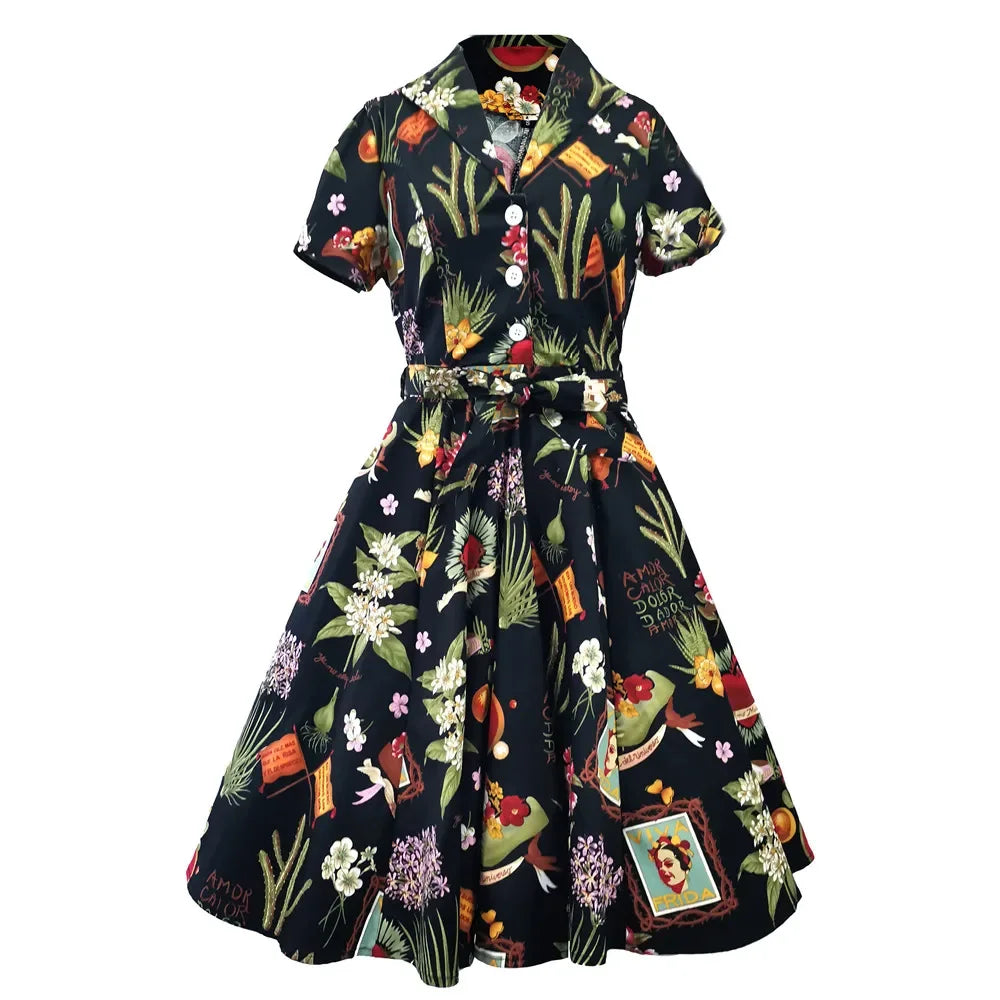 Robe Rockabilly Dress Midi Long Cotton Pin-up Tunic Sundress Cotton Causal Vintage 60s 50s Big Swing Summer Party Dresses