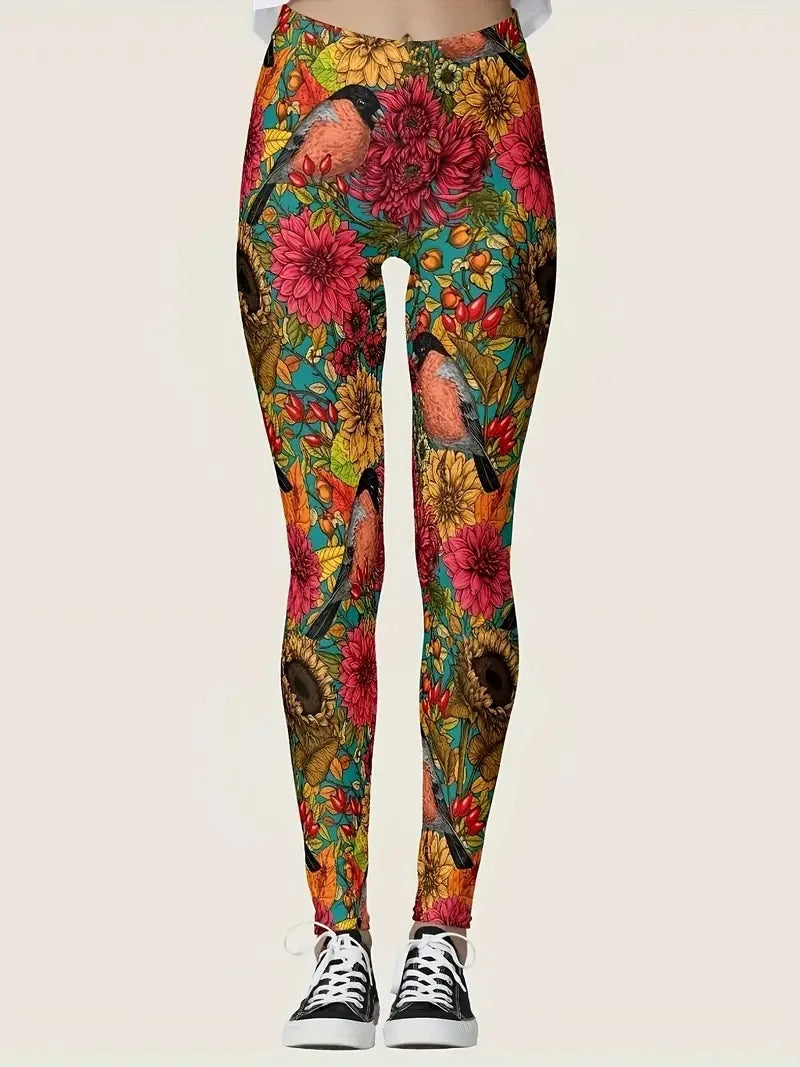 Flower and bird print Rest tight stretch elastic waist comfortable slim fit work daily travel Wearing women's leggings-Dollar Bargains Online Shopping Australia