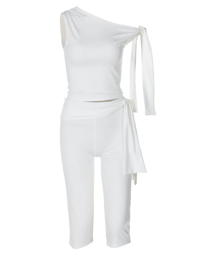 White Shorts 2 Piece-Set Female Off-Shoulder Slim Pleated Fashion Cropped Top And High Waist Shorts Sets Women's Outfits-Dollar Bargains Online Shopping Australia