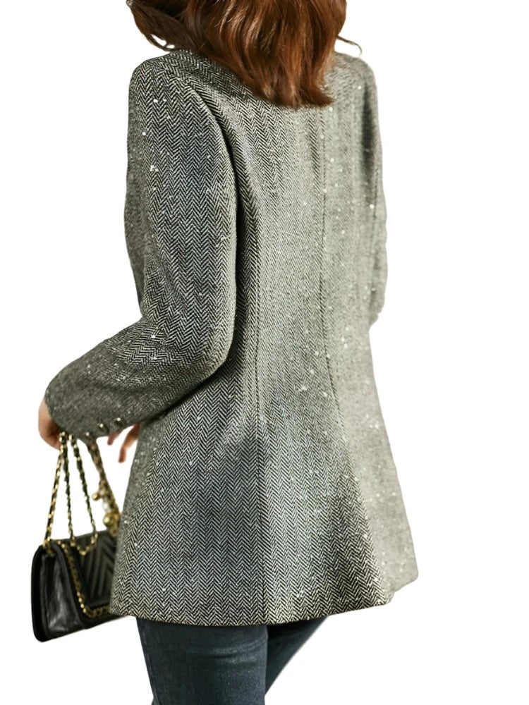 Sequins Wool Blend Blazer Women Spring Jackets Warm Outerwears Vintage Elegant Casual Business Woolen Tailored Coat-Dollar Bargains Online Shopping Australia
