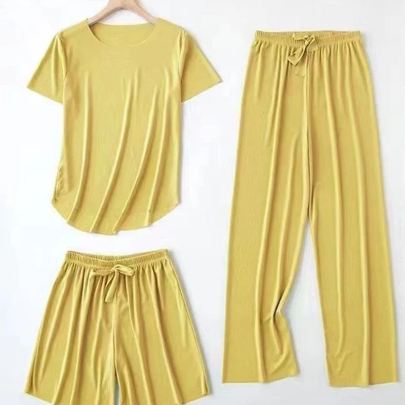 Pyjamas Ice Silk O Neck Thin Top With Elastic Waist Wide Leg Shorts And Long Pants Three Piece Set Sweet Casual Home Wear-Dollar Bargains Online Shopping Australia