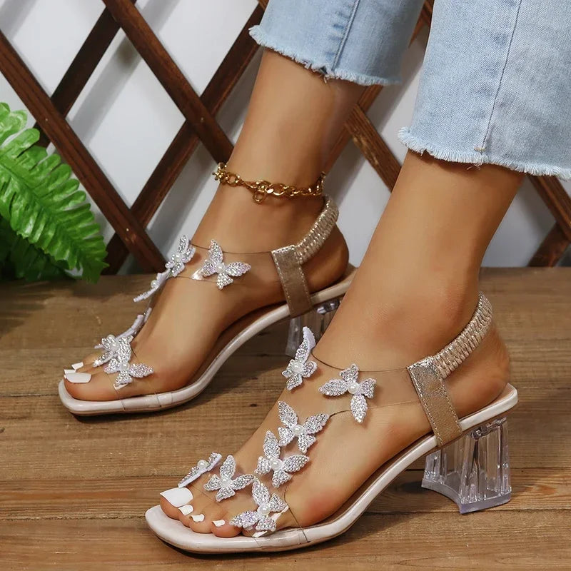 Woman Elastic Rhinestones Sandals Elegant Designer Female Pvc Fashion Comfortable Medium Block High Heels Party Shoe Summer-Dollar Bargains Online Shopping Australia