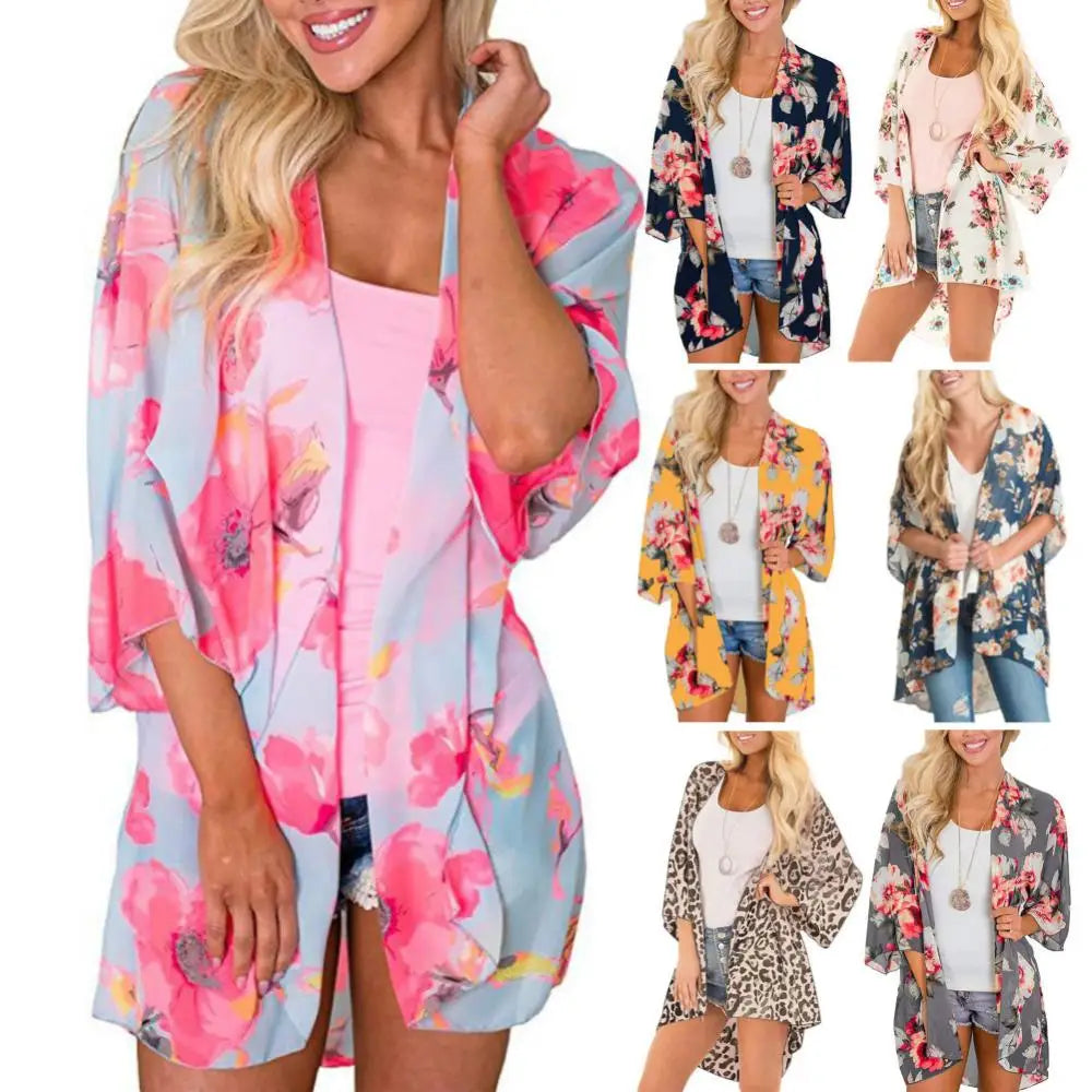 Women Floral Leopard Print Half Sleeve Shawl Chiffon Kimono Beach Cardigan Bikini Cover Up Wrap Beachwear Outdoor Anti-UV Coat