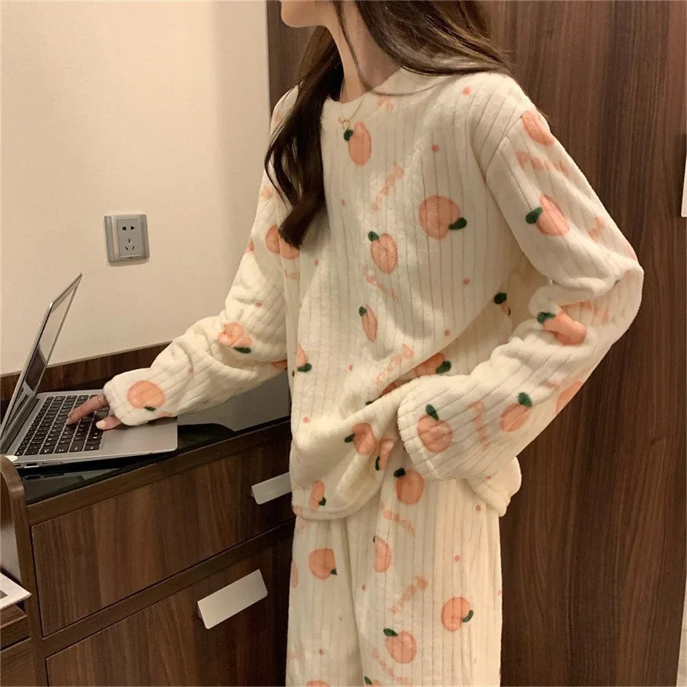 Winter Warm Flannel Fleecing Women Pyjamas Sets Thick Coral Velvet Long Sleeve Cartoon Sleepwear 2pcs Flannel Pajamas Set-Dollar Bargains Online Shopping Australia