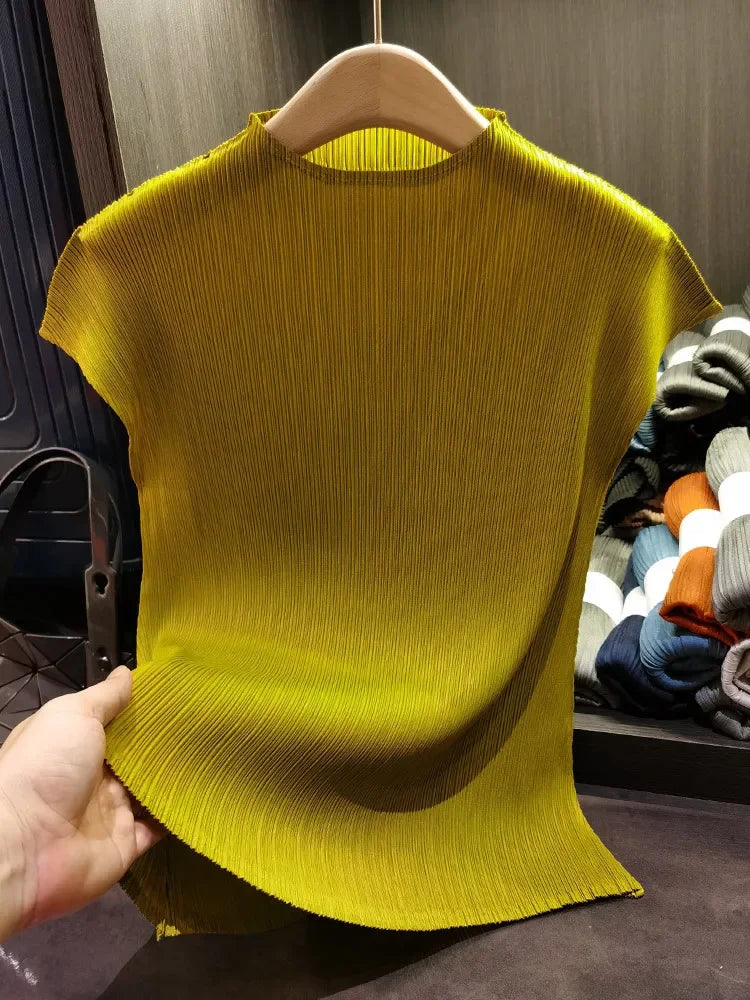 Versatile Classic Simple Solid Color Stand Up Collar Pleated Top Women Slim Slim Short Sleeve Miyake T-shirt Summer-Dollar Bargains Online Shopping Australia