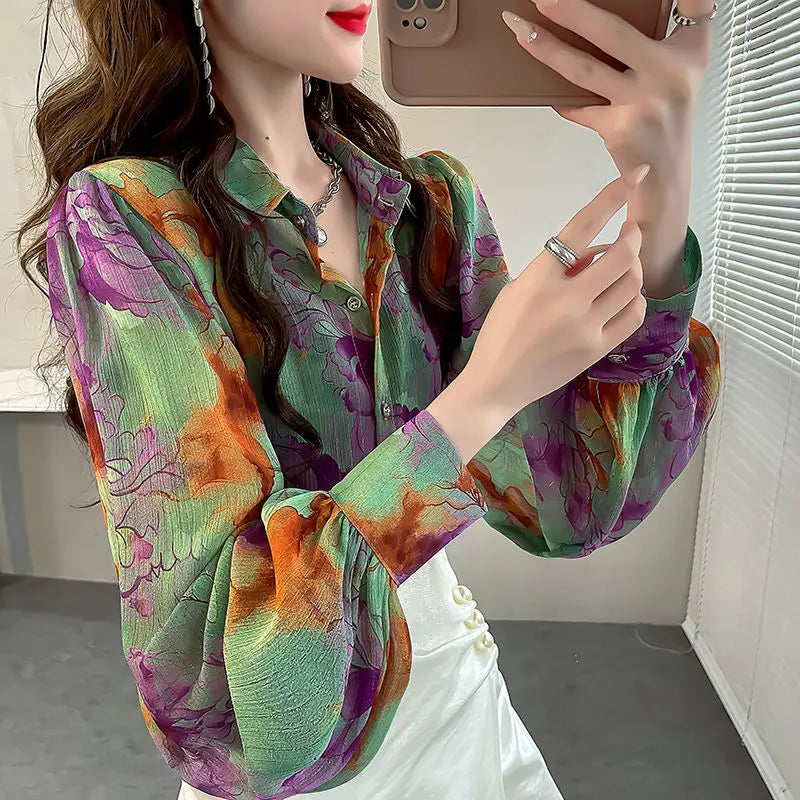 Women's Printed Button Polo-Neck Versatile Fashion Loose Appear Thin Commuter Lantern Sleeve Chiffon Shirt Top-Dollar Bargains Online Shopping Australia