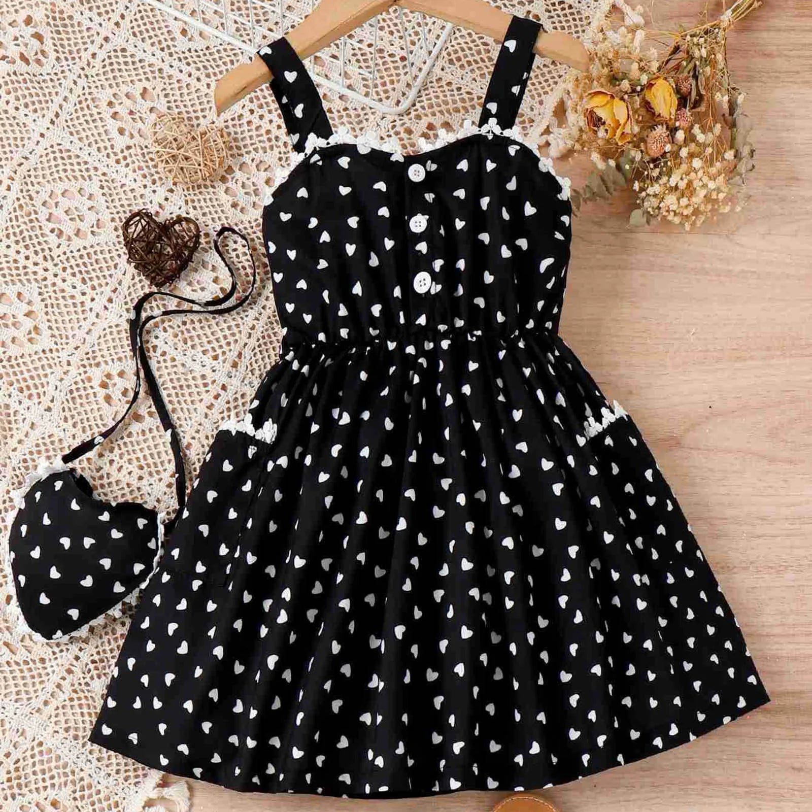 Children Sundress For Girls Summer Clothes Spaghetti Strap Heart Printed Kids Dresses With Shoulder Bag Beach Party Dress-Dollar Bargains Online Shopping Australia