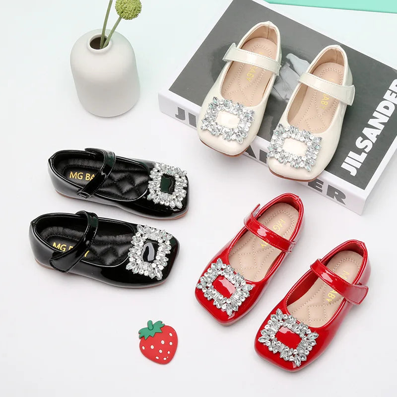 Kids Shoes for Girl Leather Shoes Fashion Rhinestone Flat Heels Infant Girls Party Shoes