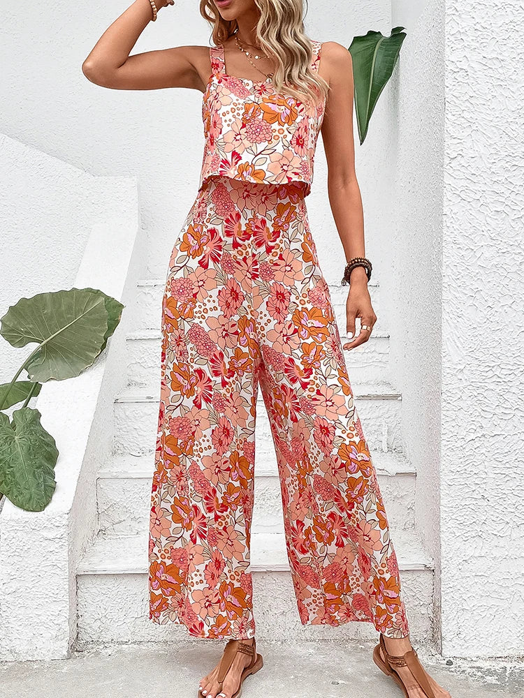 Elegant Long Jumpsuit Women Sexy Backless Wide Leg Jumpsuits Casual Sleeveless Floral Rompers-Dollar Bargains Online Shopping Australia