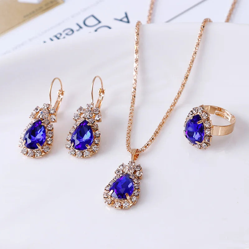 Crystal Ring Necklace Earrings Set Wedding Jewelry Sets For Brides Pendant Earrings For Girls Women African Jewelry Sets-Dollar Bargains Online Shopping Australia