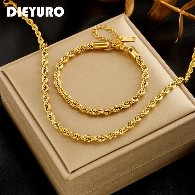 DIEYURO 316L Stainless Steel Gold Color Chain Necklace Bracelets For Women Girl Fashion Non-fading Lady Jewelry Set Accessories-Dollar Bargains Online Shopping Australia