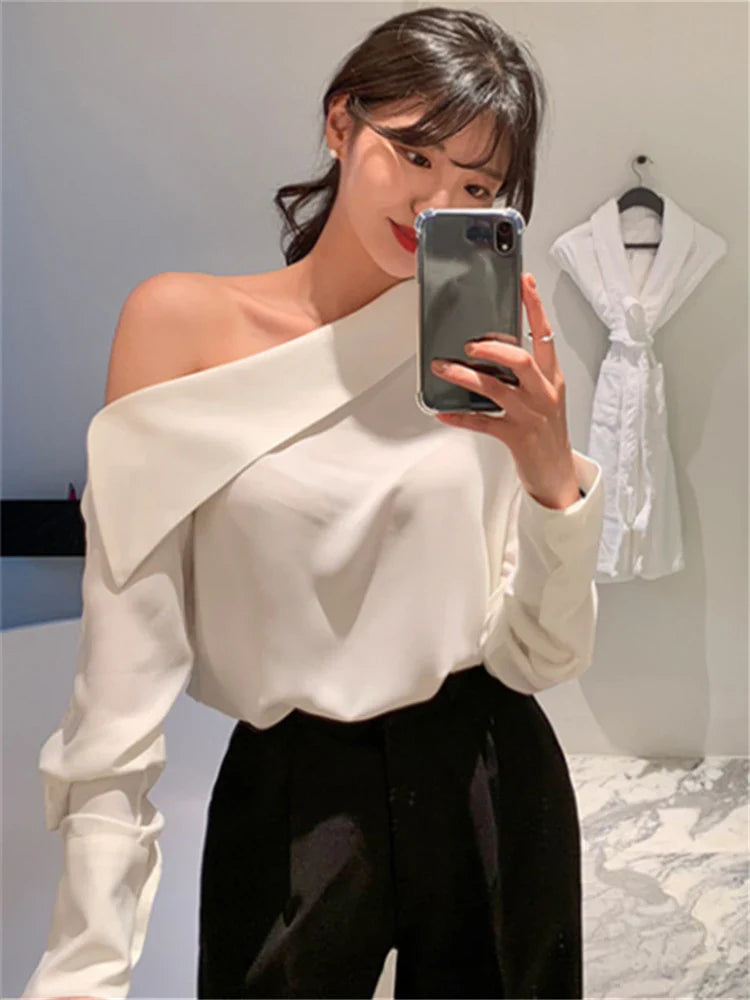 Elegant Office Korean Style Lady One Shoulder Sexy Wild Women Spring Summer Cold Blouses Shirts Tops