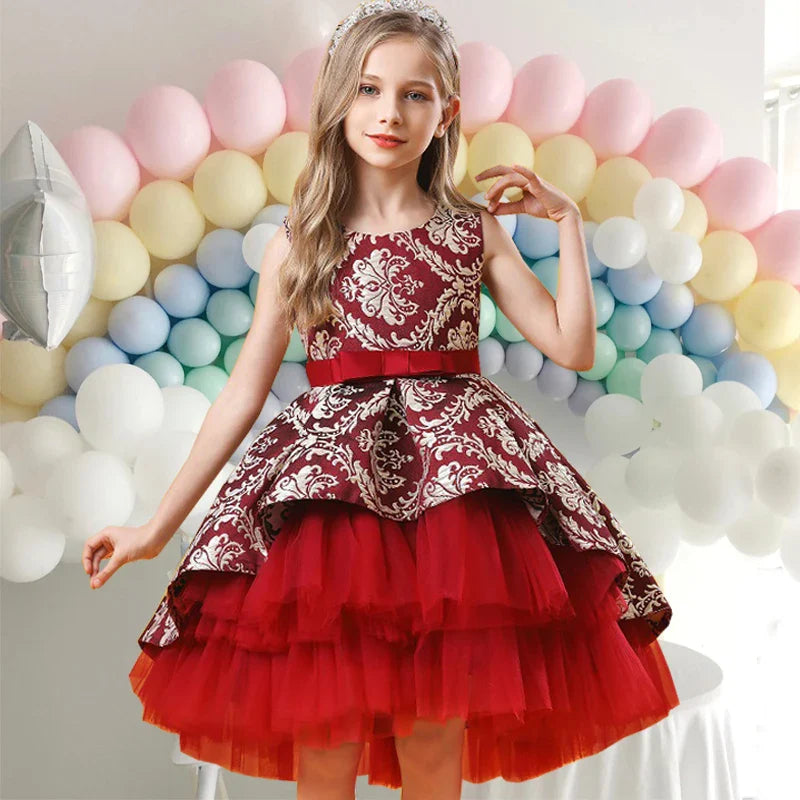 Vintage Wedding Ceremony Red Flower Girls Dress Opening Party Elegant Bridesmaid Girl Princess Dress Trailing Kids-Dollar Bargains Online Shopping Australia