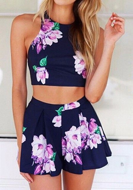 crop top skirt set suit short 2 two piece set womens rompers jumpsuit Playsuit Floral Backless-Dollar Bargains Online Shopping Australia