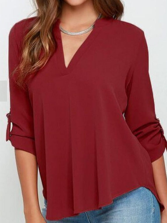 Women V-neck Chiffon Blouse Casual Long Sleeve Solid Shirts Tops Plus Size 5XL