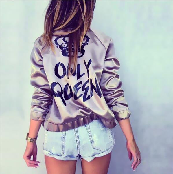 New Fashion Bomber Jacket Letter Print "Only Queen" Glossy Women Souvenir Jacket Coat Casual Baseball Jacket Women Basic Coats - CelebritystyleFashion.com.au online clothing shop australia