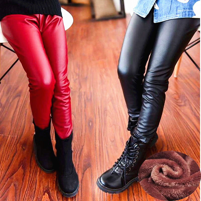 Kids Pants Children Clothing PU Leather Double Plus Thick Velvet Girls Leggings Child Baby Warm Trousers Black Red - CelebritystyleFashion.com.au online clothing shop australia