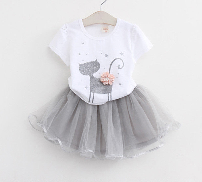 Girls Dress Summer Fashion Style Cartoon Cute Little White Cartoon Dress Kitten Printed Dress - CelebritystyleFashion.com.au online clothing shop australia