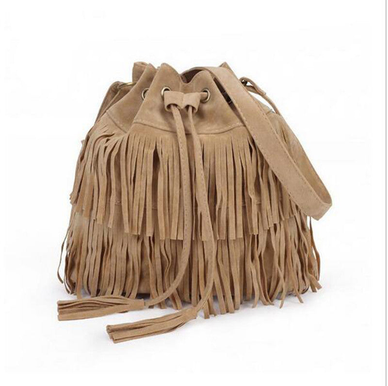 Women Suede Drawstring Bucket Bag Women vintage Handbag Faux Fringe Tassel Shoulder bags lady Messenger Bag WHC7521-Dollar Bargains Online Shopping Australia