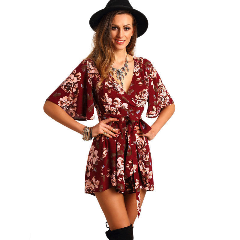 Shorts Rompers Womens Jumpsuits Summer Ladies Red Sexy Deep V Neck Short Sleeve Floral Tie Waist Casual Jumpsuit-Dollar Bargains Online Shopping Australia