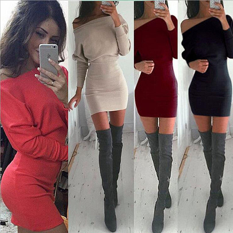 S-XL Khaki Tunic Winter Dress Women Casual Batwing Sleeve Party Dresses Lady Sexy Mini Plus Size Slash Neck Dress Vestidos 15343-Dollar Bargains Online Shopping Australia