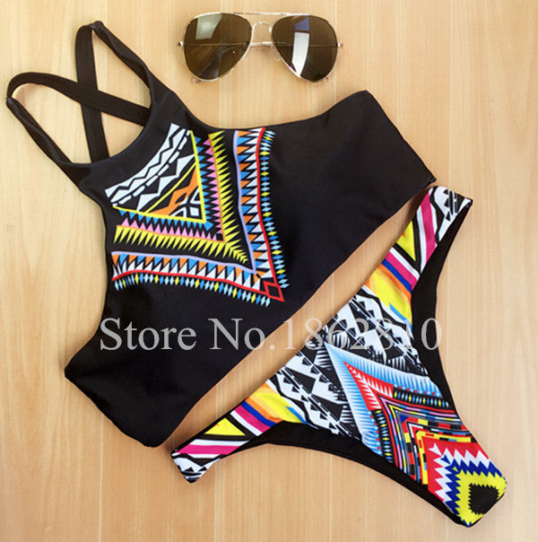 Women Bikinis High Neck Push up Bikini Set Geometry Black Swimwear Slim Print Swimsuit Biquini Brazil Beach - CelebritystyleFashion.com.au online clothing shop australia