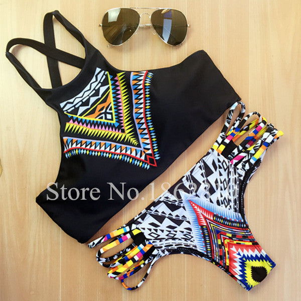 Women Bikinis High Neck Push up Bikini Set Geometry Black Swimwear Slim Print Swimsuit Biquini Brazil Beach - CelebritystyleFashion.com.au online clothing shop australia