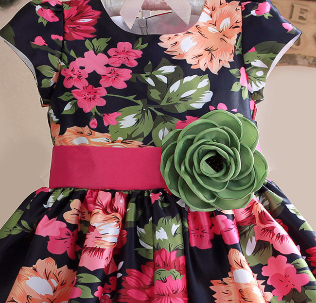 New Girls Dress Black Flower Party Casual Kids Clothes Short Sleeve Green Belt Fashion Dresses Size 3-8 - CelebritystyleFashion.com.au online clothing shop australia