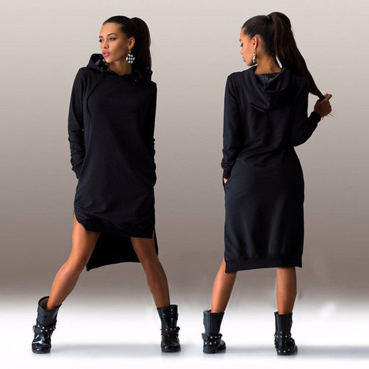 Winter Dress Cotton O-neck Long Sleeve Fashion Casual Style Irregular Solid Hooded Women's Dress hipping-Dollar Bargains Online Shopping Australia