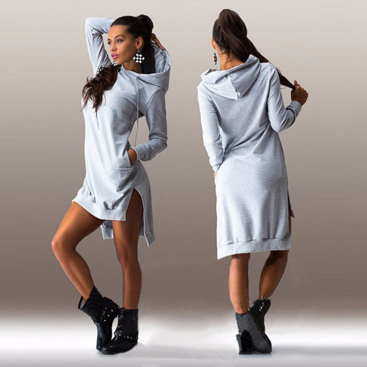 Winter Dress Cotton O-neck Long Sleeve Fashion Casual Style Irregular Solid Hooded Women's Dress hipping-Dollar Bargains Online Shopping Australia