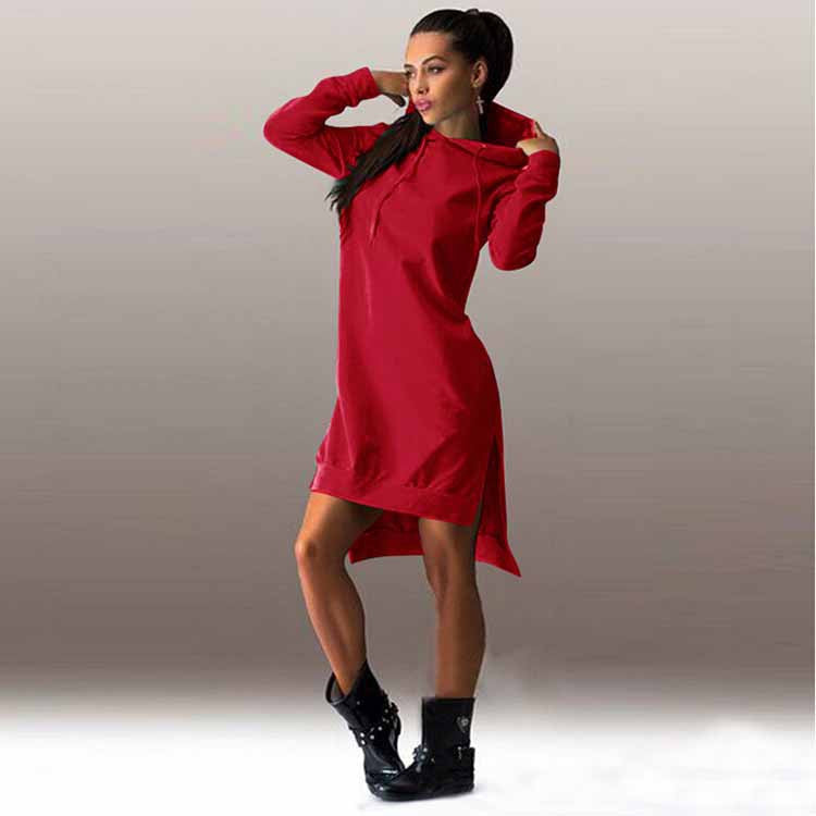 Winter Dress Cotton O-neck Long Sleeve Fashion Casual Style Irregular Solid Hooded Women's Dress hipping-Dollar Bargains Online Shopping Australia